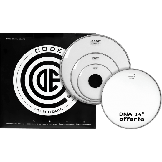 Set de peaux TOM PACK LAW Transparente ROCK + Caisse claire 14" DNA Sablée