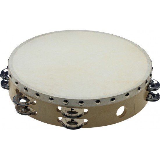 STA-1210 - Tambourin 10" pré-accordé en bois, peau fixe rivetée, 2 rangées de cymbalettes