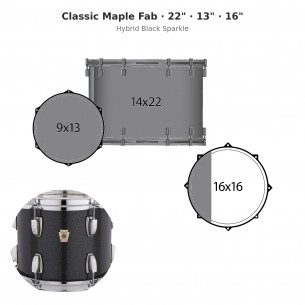 Classic Maple Fab 3-piece shell pack 22" Wraptite - Hybrid Black Sparkle
