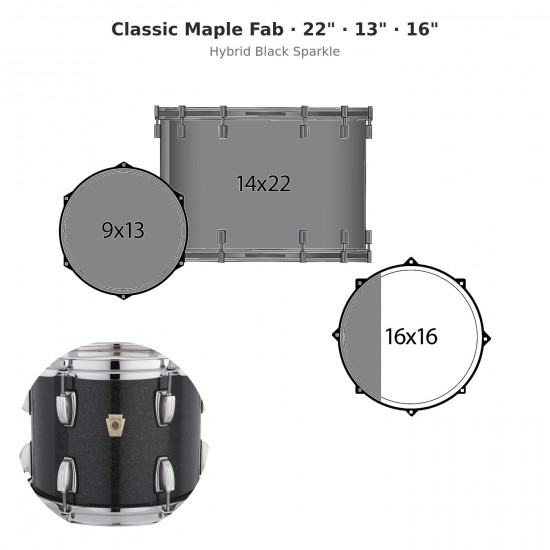 Classic Maple Fab 3-piece shell pack 22" Wraptite - Hybrid Black Sparkle
