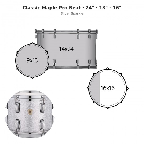 Classic Maple Pro Beat 3-piece shell pack 24" Wraptite - Silver Sparkle
