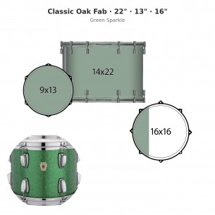 3 fûts Classic Oak Fab 22" Wraptite - Green Sparkle