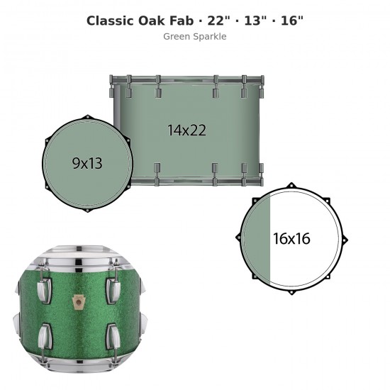 3 fûts Classic Oak Fab 22" Wraptite - Green Sparkle
