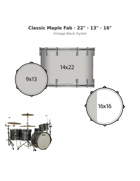 Classic Maple Fab 3-piece shell pack 22" Wraptite - Vintage Black Oyster
