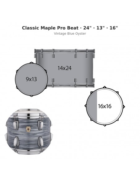 Classic Maple Pro Beat 3-piece shell pack 24" Wraptite - Vintage Blue Oyster