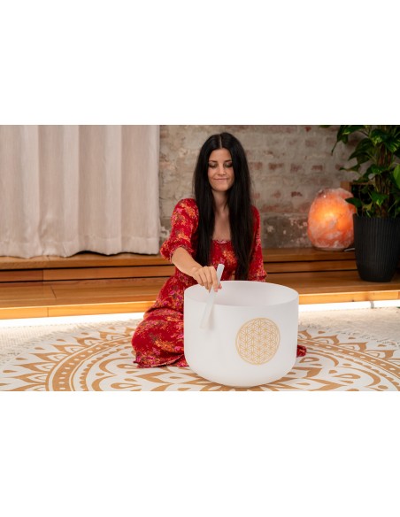 Bol de cristal 16" Do3, fleur de vie - Blanc givré