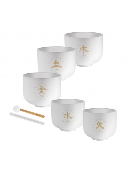 Set of 5 crystal singing bowls TMC 5 elements - Frosted white