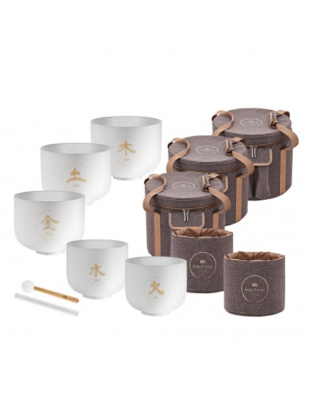 Set of 5 crystal singing bowls TMC 5 elements - Frosted white